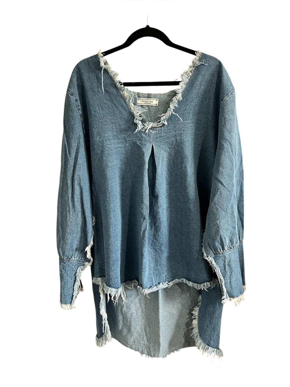 Heven’s door Frayed V-Neck Denim Tunic Top - Blue